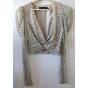 House of Harlow X Revolve Top Small Gold Metallic Twist Front Sheer Crop Blouse